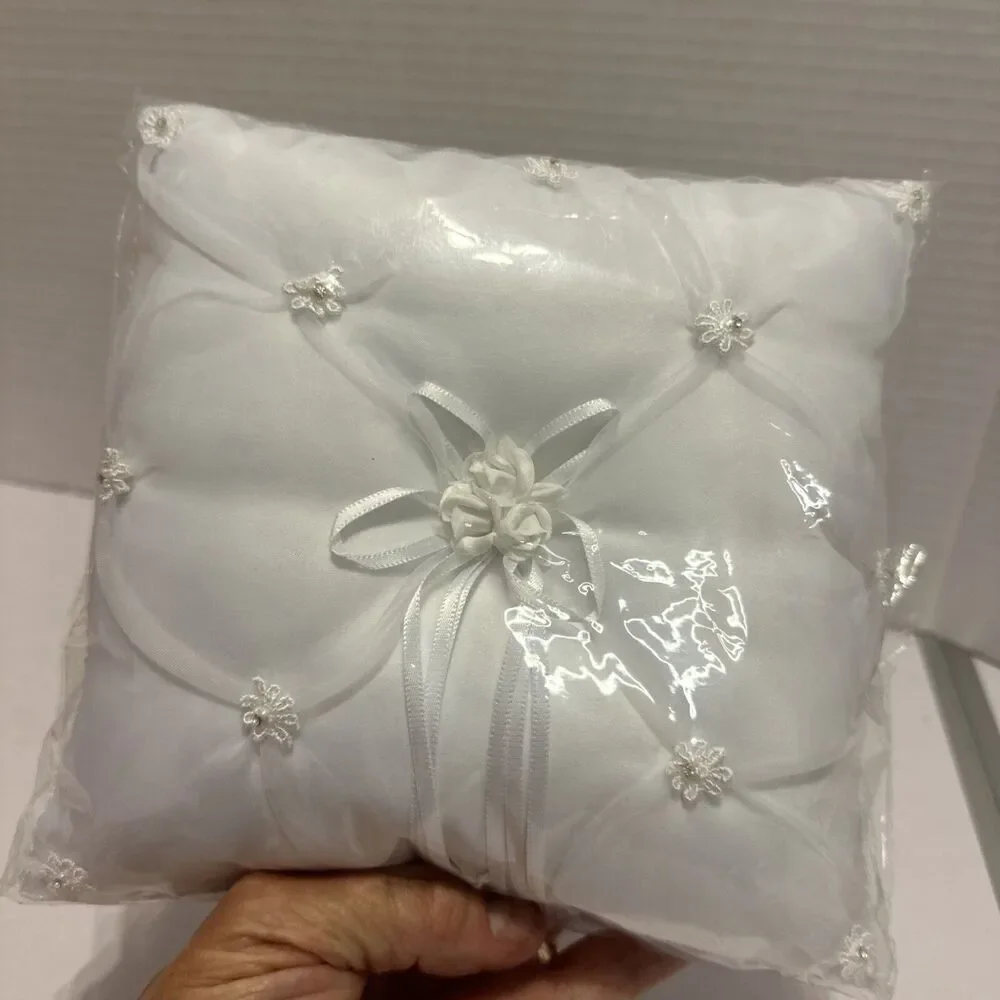 Wedding Ring pillow Never Opened White With Ribbon 7” X 7”